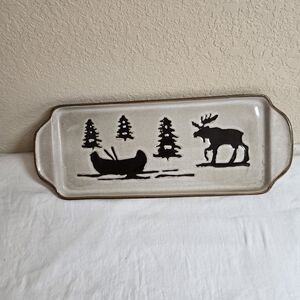 Woodland Ceramic Tray Glazed Moose Canoe Trees Mountains Lake